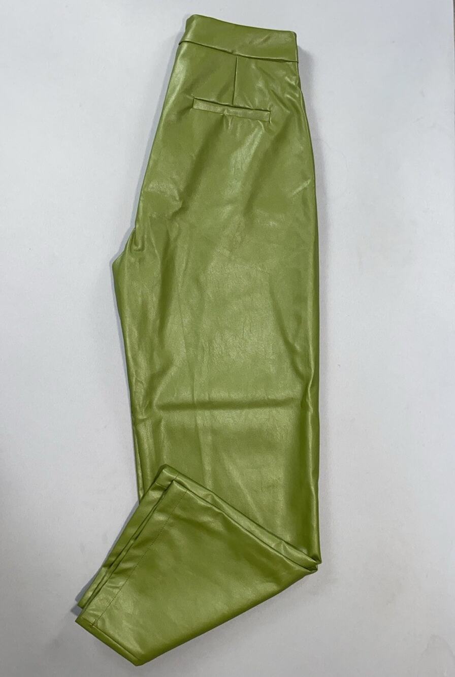 Commense Women's Wide Leg Coated Faux Leather Chino Pants. Green, Size S. NWT!